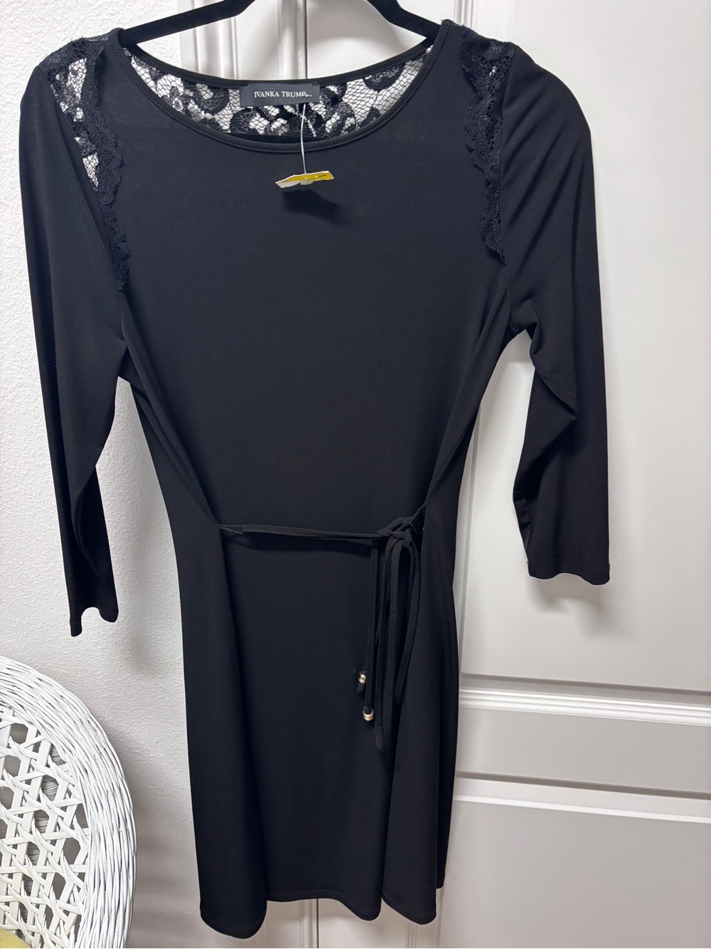 Ivanka Trump Black Lace-Shoulder Tie-Waist Long Sleeve Dress